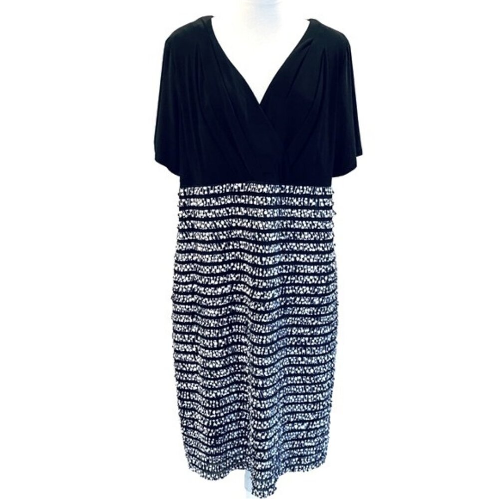 Penningtons ruffled stretchy black & white lined dress. Women's plus size 1X